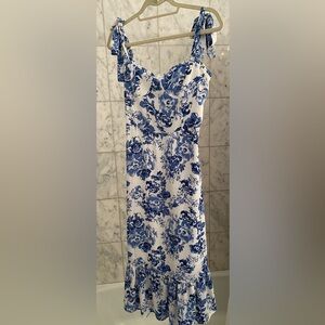 AQUA blue and white floral ruffle dress